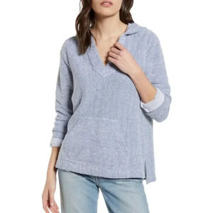 Faherty Womens Seabrook French Terry Hoodie Whitewater Blue Herringbone SZ Med